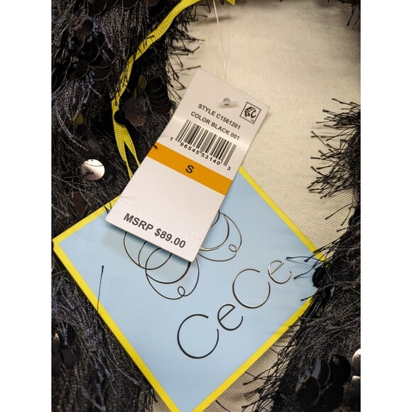 CeCe Black Sequin Feather Fringe Cocktail Top Long Sleeve Women's Small NWT $89 - Picture 7 of 11